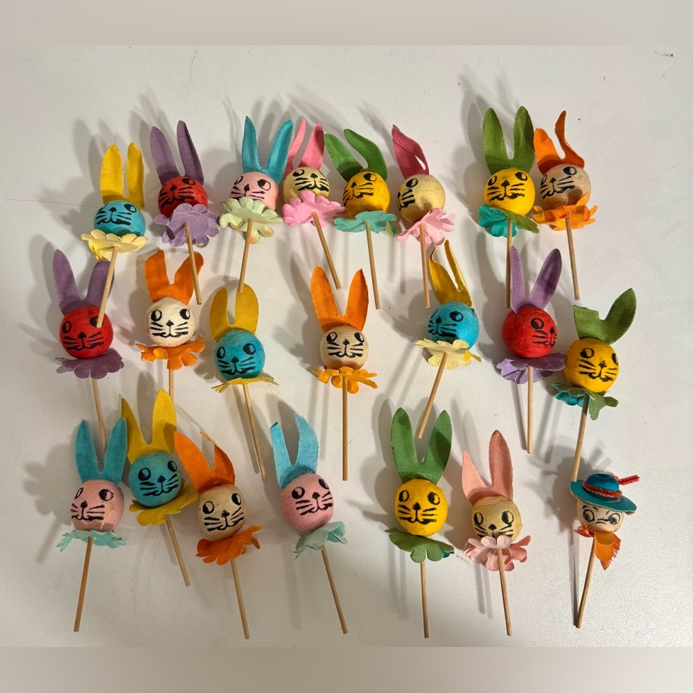 Vintage Spun Cotton Bunny Cupcake Picks- Set of 21 and One Duck!